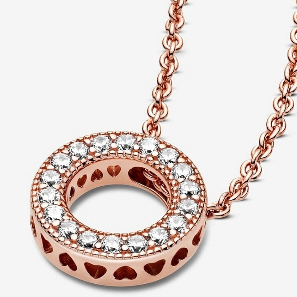 Authentic NEW Pandora Logo Pavé Circle Collier Necklace 14K RGP CZ